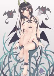 ane_naru_mono areolae bare_shoulders barefoot bat_wings blush chiyo_(ane_naru_mono) dark_hair demon_girl female heart horns jewelry long_hair looking_away medium_breasts nail_polish nipples nude pink_eyes sitting smile solo_female tentacle