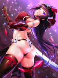 ass bikini_armor dat_ass doyouwantto female frame_arms_girl katana long_hair looking_at_viewer magatsuki purple_eyes purple_hair sideboob sword thong