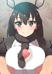 animal_ears animated black_hair black_scarf blush breasts censored horns huge_breasts kemono_friends large_penis moose_(kemono_friends) paizuri paizuri_under_clothes penis scarf smile yuzutei