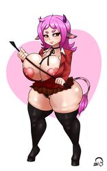 1girls animal_ears areola_slip beauty_mark breasts cleavage cow_ears erozer female huge_breasts jackie_moo mole_under_mouth pink_hair pink_nipples red_eyes thick_eyebrows thick_thighs thigh_highs