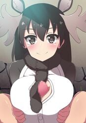 1boy 1girls animal_ears animated black_hair breasts censored clothing horns huge_breasts kemono_friends large_penis moose_(kemono_friends) outercourse paizuri paizuri_under_clothes penis shorter_than_10_seconds shorter_than_30_seconds smile sound video yuzutei