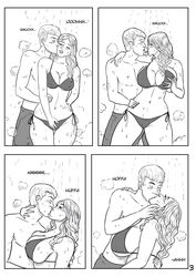 1boy 1girls ass ass_expansion bikini breast_expansion breast_grab breasts cleavage comic female giantess huge_breasts just-add-water99 kissing long_hair male self_fondle