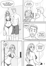 1boy 1girls ass ass_expansion bikini bra breast_expansion breasts cleavage comic female giantess just-add-water99 long_hair male monochrome