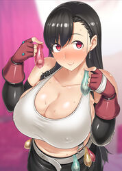 bare_shoulders belt blush breasts brown_hair condom condom_accessories condom_belt covered_nipples darabuchi earrings elbow_gloves female final_fantasy final_fantasy_vii fingerless_gloves gloves jewelry large_breasts long_hair looking_at_viewer low-tied_long_hair midriff naughty_face pencil_skirt skirt smile solo suspender_skirt suspenders sweat tank_top tifa_lockhart used_condom