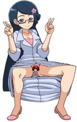 1girls bare_legs breasts censored cleavage double_v female female_focus fennel_(pokemon) game_freak human labcoat nintendo panties pantyshot pokemon pokemon_bw pubic_hair ryunryun see-through simple_background smile solo spread_legs underwear v