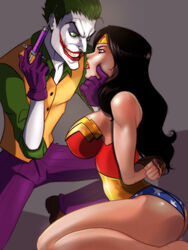 1boy 1girls arms_behind_back arms_tied bare_shoulders barely_contained batman_(series) big_breasts blue_eyes blush bondage breastplate breasts captured caress cheek_poke clown clown_makeup crazy_eyes curvaceous curvy curvy_body curvy_female curvy_figure dc_comics defeated devious diana_prince evil_grin eye_contact foreshadowing fully_clothed green_eyes green_hair grin hourglass_figure imminent_rape joker kneeling long_hair maledom pale_skin peril raised_eyebrows red_lipstick shiny_skin side_view straight straight_hair strapless submissive_female superheroine supervillain syringe teeth the_joker tight_clothing tinkerbomb villain voluptuous voluptuous_female wonder_woman wonder_woman_(series)