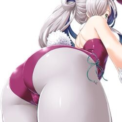 animal_ears arched_back asashimo_(kantai_collection) ass bunny_ears bunny_girl bunny_tail bunnysuit commentary_request cowboy_shot dd_(ijigendd) female from_below from_side green_eyes grey_hair grey_legwear hair_over_one_eye kantai_collection leotard long_hair looking_at_viewer pantyhose side_ponytail simple_background solo tail white_background wrist_cuffs