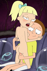 1boy 1girls accurate_art_style annie_(rick_and_morty) back_view blonde_hair blush breast brown_hair couch_sex duchess_(artist) earphone female freckles half-dressed helmet holding_penis knee_socks kneehighs kneesocks long_socks looking_at_penis looking_away looking_down male morty_smith naked nipple on_top open_mouth penis pleasure_face ponytail pussy rick_and_morty shirt shoes short_hair small_breast small_breasts smiling socks vaginal_penetration vaginal_sex white_socks