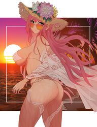 1girls alternate_costume ass azur_lane bangs bare_shoulders beach bikini breasts cleavage eyebrows_visible_through_hair female female_focus female_only flower green_eyes hat highres hips large_ass large_breasts long_hair looking_back looking_over_eyewear looking_over_glasses open_clothes open_shirt orange-tinted_eyewear outdoors posing red_hair shirt sky solo straw_hat sun_hat sunglasses sunset surcouf_(azur_lane) surcouf_(loisirs_balneaires)_(azur_lane) swimsuit tagme thick_thighs thighs tinted_eyewear tucciao0208 very_long_hair wet white_bikini white_flower white_shirt