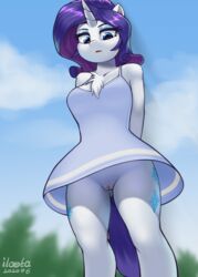 anthro blue_eyes clouds dress equid female friendship_is_magic furry genitals horn iloota mammal my_little_pony no_underwear outdoors outside pussy rarity_(mlp) sky smooth_skin solo tree trees unicorn upskirt