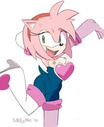 alternate_costume amy_rose amy_the_bat breasts breasts_out cute elbow_gloves female gloves green_eyes hedgehog pink_fur pink_hair rouge_the_bat_(cosplay) sonic_(series) sonic_the_hedgehog_(series) sooperman sweat wardrobe_malfunction