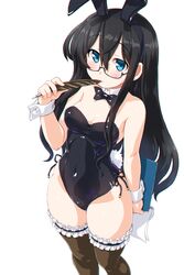 3: animal_ears arm_at_side bare_shoulders black-framed_eyewear black_hair blue_eyes blush bow bowtie breasts brown_legwear bunny_ears bunny_girl bunny_tail bunnysuit cleavage clipboard closed_mouth dd_(ijigendd) detached_collar fake_animal_ears female garters hair_between_eyes hairband highres kantai_collection leotard long_hair ooyodo_(kantai_collection) quill semi-rimless_eyewear sidelocks simple_background small_breasts solo tail thighhighs under-rim_eyewear white_background wrist_cuffs