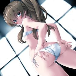 ass ass_cleavage ass_grab backlighting bare_shoulders blue_eyes blush brown_hair butt_crack closed_mouth cowboy_shot dd_(ijigendd) deep_skin female from_behind grabbing_own_ass high_ponytail kantai_collection kumano_(kantai_collection) long_hair looking_at_viewer looking_back panties ponytail shiny shiny_hair shiny_skin side-tie_panties skindentation smile solo standing underwear white_panties window