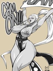 angel angel_(dragon_ball) areolae arms_up bouncing_breasts champa cheerleader dragon_ball dragon_ball_super exposed_ass exposed_breasts exposed_nipples hair_tie huge_ass huge_breasts long_hair monochrome nipples open_mouth ponytail rickert_kai robe shounen_jump sweat text thick_thighs vados