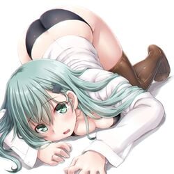 all_fours aqua_eyes aqua_hair ass ass_cleavage bangs black_bra black_panties blush bra breast_press breasts brown_legwear butt_crack cleavage dd_(ijigendd) eyebrows_visible_through_hair female green_eyes hair_between_eyes hair_ornament hairclip kantai_collection large_breasts long_hair long_sleeves looking_at_viewer no_pants no_shoes open_clothes open_mouth open_shirt panties shirt simple_background solo suzuya_(kantai_collection) thighhighs top-down_bottom-up underwear white_background white_shirt