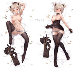 1girls azto_dio black_legwear breasts bullet bullpup dakimakura double_bun feet female girls'_frontline gloves gun highres nipples no_bra p90 p90_(girls_frontline) panties red_eyes short_hair silver_hair submachine_gun underwear weapon