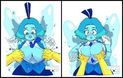 aquamarine_(steven_universe) big_breasts blue_eyes blue_hair blue_lips blue_skin blush blushing breast_grab breasts breasts_grab busty cartoon_network chubby chubby_female cleavage fantasy female female_focus female_only forced_undressing freckles gem_(species) gem_fusion gloves grope groping groping_breasts hourglass_figure large_breasts lipstick open_vest pose posing roumgu short_hair skirt sleeveless sleeveless_shirt standing steven_universe tagme tie topaz_(steven_universe) vest wide_hips wings yellow_skin