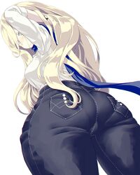 1girls alternate_costume ass bangs big_ass blonde_hair blue_scarf blush breasts closed_mouth dd_(ijigendd) denim eyebrows_visible_through_hair eyes_visible_through_hair female female_only from_below grey_eyes hand_in_hair highres jeans kantai_collection large_breasts long_hair looking_at_viewer looking_back looking_down pants pantylines pocket richelieu_(kantai_collection) scarf shirt simple_background solo tight_jeans tight_pants white_background white_shirt