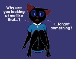 anthro black_body black_fur blue_eyes blush bottomless breasts chiropteran clothed clothing domestic_cat english_text felid feline felis female fur genitals hi_res hybrid mammal pussy sleepysheepy17 solo text zulu_(character)