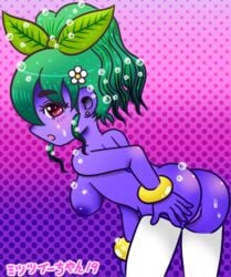 ass blush blush_body bracelets ear_piercing eggplant erect_nipples flower_in_hair green_hair halftone_background leaf looking_at_viewer mitzi-chan mitzi-chan_(artist) nipples piercing purple_skin red_eyes small_breasts sweat thick_eyebrows thighhighs vagina wet