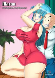 1boy 1girls ass big_ass big_breasts big_butt blue_eyes blue_hair bluegraves breasts busty cleavage clothed couple curvy dragon_ball dragon_ball_z dress dress_lift female green_hair huge_breasts krillin kuririn legs maron sexually_suggestive shirt short_dress size_difference smile thick_thighs thighs wide_hips