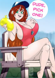 1girls balloon bare_legs barefoot beach breast_pull breasts cap cleavage cleavage_cutout cleavage_overflow crossed_legs curvaceous curvy disney earrings english_text eyelashes female female_focus female_only freckles freckles_on_breasts grabbing_own_breast gravity_falls green_eyes hat headwear huge_breasts lifeguard light_skin long_hair one-piece_swimsuit outdoors overflowing_breasts pinup pose posing red_hair roumgu sideboob sitting solo speech_bubble straight_hair swimsuit take_your_pick text thick_thighs trucker_hat voluptuous wendy_corduroy whistle whistle_around_neck