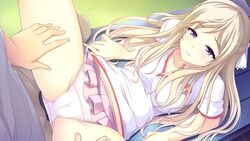 big_breasts blonde_hair breasts clothed clothed_female female female_focus large_breasts long_hair making_lovers naruse_saki panties purple_eyes tennis_uniform young