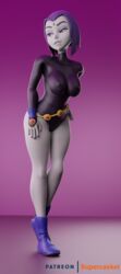 1girls 3d belt big_breasts blender bodysuit boots dc dc_comics erect_nipples erect_nipples_under_clothes goth grey_skin legs leotard nipples purple_hair rachel_roth raven_(dc) skintight supercasket teen_titans