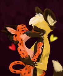 2020 african_wild_dog blush breasts canid canine cheetah closed_eyes felid feline female fur heart hi_res kissing male mammal milo_(juantriforce) nipples orange_body orange_fur spots spotted_body spotted_fur stephie_(fraydia1) straight theblueberrycarrots yellow_body yellow_fur