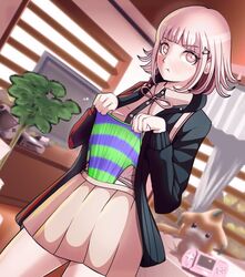 blush danganronpa danganronpa_2:_goodbye_despair frontal_wedgie hair_ornament nanami_chiaki panties pink_eyes pout school_uniform self_wedgie short_hair skirt smooth_skin striped_panties underwear wedgie