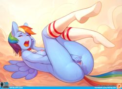 2020 3_fingers anthro ass big_ass big_butt big_nipples bottomless breasts cloud clouds cyancapsule eye_contact eyelashes female fingering friendship_is_magic furry horse horse_girl horse_tail laying_back laying_down looking_at_viewer medium_breasts moan moaning moaning_in_pleasure my_little_pony open_mouth pussy pussy_juice pussy_juice_puddle pussy_juice_trail rainbow_dash_(mlp) smooth_skin socks wings