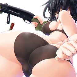 ass ass_cleavage bikini black_bikini black_hair breasts butt_crack curvy dd_(ijigendd) dutch_angle female female_focus gun holding holding_gun holding_weapon huge_ass looking_back medium_breasts original remington_870 shiny shiny_skin shotgun shotgun_shells sideboob simple_background solo swimsuit trigger_discipline twisted_torso weapon white_background