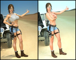 3d areolae aviator_sunglasses bare_legs bare_midriff big_breasts bimbo boots breasts breasts_hold brown_hair busty clothed crop_top desert erect_nipples gun hand_on_thigh hitchhiking holding_breast hourglass_figure jean_shorts jeep lara_croft lara_croft_(survivor) lethalcandy long_fingernails long_nails navel necklace nipples pinup pistol ponytail pose posing ripped_shorts short_shorts standing sunglasses tank_top thigh_holster tinted_eyewear tomb_raider toned toned_female topless wide_hips