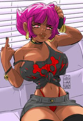 1girls bare_midriff bare_shoulders big_breasts big_lips bracelet bracelets breasts busty cartoon_network choker clothing curvaceous curvy dark-skinned_female dark_skin denim_skirt earrings erect_nipples eyelashes eyeshadow female female_focus g-string hourglass_figure huge_breasts human human_shannon human_version humanized jean_skirt jewelry large_breasts lipstick makeup medium_hair middle_finger miniskirt nail_polish nails navel nipple_bulge ok_k.o.!_let's_be_heroes pink_eyes pink_hair punk rock roumgu shannon_(ok_k.o.!_let's_be_heroes) shannon_boxman short_hair sitting skimpy skimpy_clothes skirt solo solo_female tagme tank_top thick_lips thick_thighs thighhighs thighs thin_waist thong tied_shirt upskirt voluptuous wide_hips