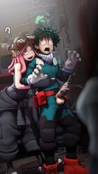 1boy 2girls 3d ? balls blush brown_hair caught caught_cumming cum cumshot ejaculation greatm8 green_hair handjob hero_outfit_(mha) izuku_midoriya izuku_midoriya_(hero_outfit) mei_hatsume midoriya_izuku my_hero_academia ochako_uraraka open_mouth penis pink_hair pupilless_eyes shounen_jump surprised