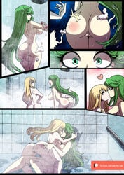 2girls akimbo ass blonde_hair blush breasts crossover female female_only goddess green_hair hand_on_ass hands_on_hips heart kid_icarus kinkymation kissing love metroid multiple_girls naked nintendo nipples nude nude_female palutena samus_aran shower sideboob spank_marks spanking super_smash_bros. tagme vagina water wet yuri