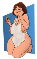 1girls apron big_hero_6 cass_hamada closed_eyes disney donut female female_only hand_on_face huge_areolae huge_breasts huge_nipples inverted_nipples marvel milf naked_apron nipples on_knees pleasure_face solo yetig