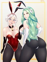 2girls bunny_ears bunny_girl bunnysuit edelgard_von_hresvelg female_only fire_emblem fire_emblem:_three_houses green_eyes green_hair large_breasts long_hair mature_female multiple_girls nintendo post-timeskip purple_hair rak rhea_(fire_emblem) white_hair