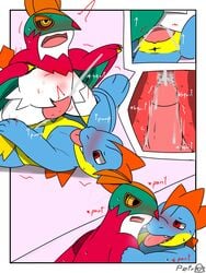 2boys 3:4 anthro anthrofied avian blush bodily_fluids croconaw cum cum_in_ass cum_inside cumshot digital_media_(artwork) duo ejaculation gay genital_fluids hawlucha hi_res internal interspecies male nintendo open_mouth penis petro_(artist) pokémon_(species) pokemon pokemon_gsc pokemon_xy scalie sweat teeth tongue tongue_out video_games yaoi