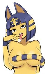 1girls animal_crossing animal_ears animal_tail ankha ankha_(animal_crossing) anthro black_eyes blue_eyeliner blue_hair bob_cut cat_ears cat_tail catgirl covering_nipples cute egyptian eye_contact eyelashes eyeliner feline feline_humanoid female finger_to_mouth fringe fur furry half-closed_eyes jorin large_breasts looking_at_viewer medium_hair nintendo nude open_mouth petite seductive_mouth solo stripes tail teenager tongue_out topless yellow_fur