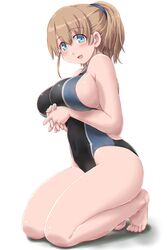 :d bangs barefoot blue_eyes blush breasts brown_hair competition_swimsuit covered_navel dd_(ijigendd) eyebrows_visible_through_hair female full_body hair_between_eyes highleg highleg_swimsuit highres intrepid_(kantai_collection) kantai_collection large_breasts looking_at_viewer one-piece_swimsuit open_mouth ponytail short_hair sideboob simple_background smile solo swimsuit white_background