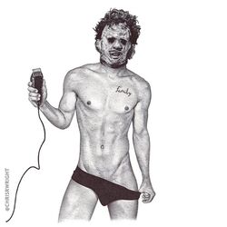 1boy abs black_and_white electric_razor horror leatherface male male_only mask monochrome nude solo solo_male tattoo texas_chainsaw_massacre underwear underwear_pull wright_(artist)