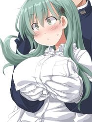 1boy admiral_(kantai_collection) blush breast_hold breast_lift breasts dd_(ijigendd) female grabbing grabbing_from_behind green_eyes green_hair hair_ornament hairclip kantai_collection large_breasts long_hair military military_uniform naval_uniform panties shirt solo_focus suzuya_(kantai_collection) underwear uniform white_panties white_shirt