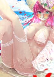 1girls alternate_costume ass azur_lane bangs bare_shoulders bikini blush breasts candy cleavage collarbone eyebrows_visible_through_hair female female_focus female_only food green_eyes hands_on_thighs hat hips large_breasts lollipop long_hair looking_at_viewer looking_over_eyewear looking_over_glasses lying mouth_hold navel nijiro_ink off_shoulder on_side open_clothes open_shirt orange-tinted_eyewear orange-tinted_glasses pink_hair shirt smile solo straw_hat sun_hat sunglasses surcouf_(azur_lane) surcouf_(loisirs_balneaires)_(azur_lane) swimsuit tagme thick_thighs thighs tinted_eyewear very_long_hair water wet white_bikini white_shirt