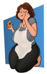 1girls apron big_hero_6 cass_hamada clothed disney donut female female_only fully_clothed hand_on_face huge_breasts huge_nipples inverted_nipples marvel milf on_knees pleasure_face solo yetig