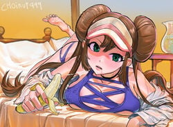 1girls alternate_eye_color alternate_outfit banana barefoot big_breasts blush brown_hair choinut999 double_bun eye_contact feet female green_eyes human long_hair looking_at_viewer nintendo pale-skinned_female pale_skin partially_clothed pink_nails pokemon pokemon_bw2 rosa_(pokemon) saliva saliva_trail solo sweat text watermark