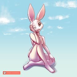 1:1 2020 anthro beastars breasts female fur genitals haru_(beastars) hi_res kiaun lagomorph leporid mammal nipples nude one_eye_closed pussy rabbit solo text url white_body white_fur