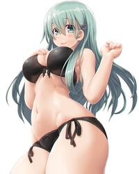 aqua_eyes aqua_hair bangs bare_shoulders black_bra black_panties blush bow bow_panties bra breasts commentary commentary_request cowboy_shot dd_(ijigendd) eyebrows_visible_through_hair female from_side groin hair_ornament hairclip hand_on_own_chest highres kantai_collection large_breasts long_hair looking_at_viewer navel open_mouth panties side-tie_panties simple_background smile solo standing suzuya_(kantai_collection) thighs underwear underwear_only white_background