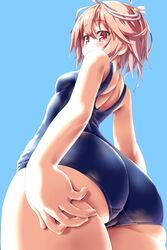 ass ass_grab blush commentary cowboy_shot dd_(ijigendd) female grabbing_own_ass hair_ornament highres i-58_(kantai_collection) kantai_collection looking_at_viewer looking_back one-piece_swimsuit pink_eyes pink_hair school_swimsuit short_hair simple_background solo swimsuit