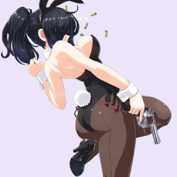 ammunition animal_ears ass back-seamed_legwear bare_shoulders black_hair black_leotard breasts bullet bunny_ears bunny_girl bunny_tail bunnysuit dd_(ijigendd) detached_collar fake_animal_ears female gun handgun high_heels highres holding holding_weapon leotard long_hair medium_breasts original pantyhose ponytail revolver seamed_legwear sideboob solo standing_on_one_leg strapless strapless_leotard tail weapon wrist_cuffs